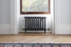 A plain Mercury 4 Column cast iron radiator in a dark grey finish on feet beneath a window, with brass valves and wall stays on a parquet floor.