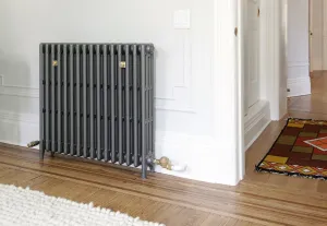 Plain Mercury 4 column cast iron radiator in mid grey sparkle on feet, with brass valve and vents, against a white panelled wall on parquet.