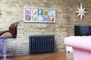 Ornate Rococo III cast iron radiator in Charcoal on feet against exposed brick, below a pop art print, with a pink sofa and wooden floor.