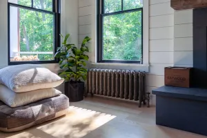 Ornate Rococo 2 Column cast iron radiators in New Jersey lakeside home.