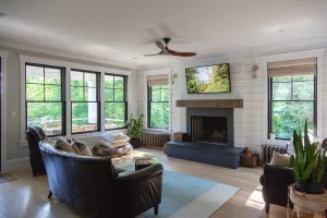 cast iron radiator under window in New Jersey Lakeside home