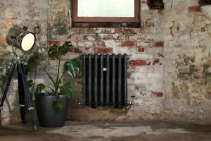Ornate Rococo III 768mm cast iron radiator in a dark finish with polished valves, wall-hung on a distressed brick wall beside a potted plant.