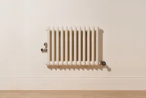 Wall-hung Emmeline II cast iron radiator in Farrow & Ball Dimity No. 2008 with Satin Nickel valves, above a skirting board and wooden floor.