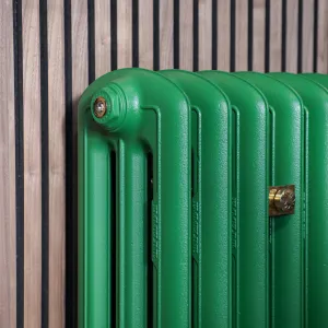 Close-up of an Emmeline III cast iron radiator in Farrow & Ball Danish Lawn green with a brass wall stay, against slatted wood panelling.