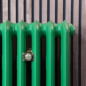 Close-up of a plain Emmeline III cast iron radiator in Farrow & Ball Danish Lawn green with a brass wall stay, against wood slat panelling.