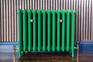 Emmeline III 670mm cast iron radiator in Farrow & Ball Danish Lawn No. 9817 on feet, with brass valves and wall stays, against wood slat panelling.