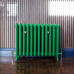 Emmeline III cast iron radiator on feet in Farrow & Ball Danish Lawn green, with brass valves, against wood slat panelling on a dark wood floor.