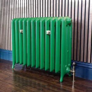 Emmeline III 670mm cast iron radiator in Farrow & Ball Danish Lawn No. 9817 on feet, with brass valve, against slatted wood panelling.
