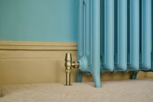 Close-up of an Emmeline III cast iron radiator in pale blue on feet, with an angled brass valve, beige skirting and carpet.
