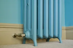 Emmeline III 870mm cast iron radiator on feet in pale blue, with a brushed brass valve, against a turquoise wall, cream skirting and carpet.