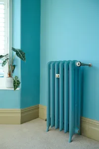 Emmeline III 870mm cast iron radiator on feet in teal blue matching the wall, with a chrome valve, beside a window with a plant.