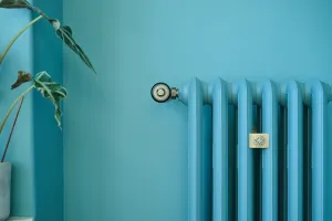 Close-up of an Emmeline III 870mm cast iron radiator in light blue on a teal wall, with a brass valve and bee-motif wall stay beside a plant.