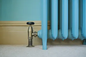 Close-up of a light blue Emmeline III cast iron radiator on feet, with an antique brass angled valve, cream skirting and beige carpet.