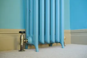 Emmeline III 870mm cast iron radiator in light blue on feet, with an aged brass valve, against a turquoise wall and cream skirting on carpet.