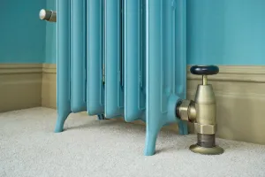 Close-up of an Emmeline III cast iron radiator in pale blue on feet, with a brass angled valve, on cream carpet against a blue wall.