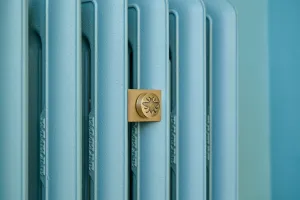 Close-up of Emmeline III cast iron radiator columns in a pale blue finish with a square brass plate bearing a raised bee emblem.