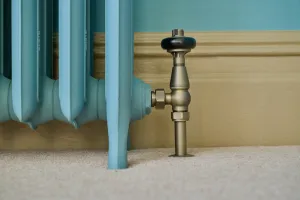 Close-up of a pale blue Emmeline III cast iron radiator foot beside an antique brass angled valve with a black head, on beige carpet.
