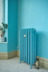 Emmeline III 870mm cast iron radiator on feet, painted teal to match the wall, with a brass valve, beside a window on grey carpet.