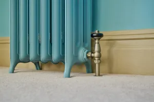 Lower half of an Emmeline III cast iron radiator on feet in blue-green, with a brass angled valve, cream skirting and beige carpet.