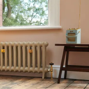 Low Emmeline I cast iron radiator in pale beige on feet, with brass angled valve, under a window by a wooden table on bare floorboards.