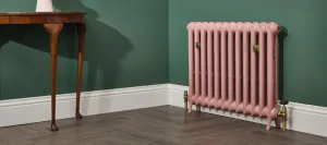 Emmeline I cast iron radiator in pink Little Greene Blush 267 on feet against a green wall, with brass valves and wall stays, beside a side table.
