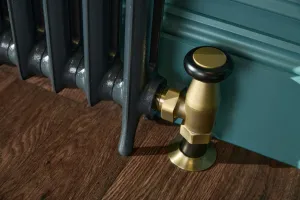 Close-up of an Emmeline cast iron radiator foot in Midnight Ink with a brass angled valve and black head, on an oak floor by a teal skirting.
