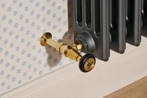 Base of a Grace 4 Column cast iron radiator in dark grey with a Natural Brass angled valve and black wheel head, by blue star wallpaper.