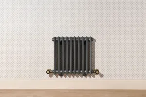 Wall-hung plain Grace 4 column cast iron radiator in dark grey with Natural Brass angled valves on dotted wallpaper above a skirting board.