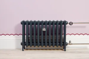 Grace 4 Column 500mm cast iron radiator in Anthracite on feet, with chrome valves, against a pink wall with scalloped border and wood floor.