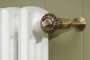 Close-up of a Grace cast iron radiator in Bright White with an ornate fluted brass Chatsworth valve and wall pipe against green panelling.