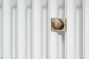 Close-up of Grace cast iron radiator columns in Bright White with a Whitworth brass fitting bearing a bee emblem on a square backplate.