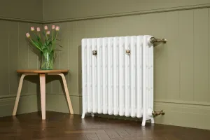 Grace 4 Column 760mm cast iron radiator in Bright White on feet, with Chatsworth angled valves, against green panelling on parquet floor.