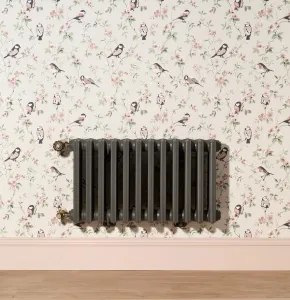 Wall-hung Grace 6 Column 485mm cast iron radiator in Quartz Grey with Chatsworth Natural Brass valves, against bird wallpaper above pink skirting.
