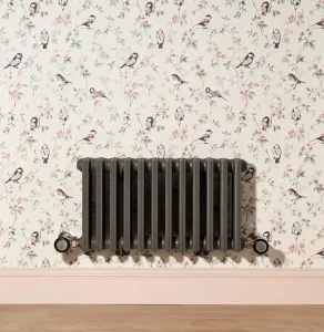 Low Grace 6 column cast iron radiator in Quartz Grey, wall-hung above a pink skirting board on bird-print wallpaper, with Chatsworth valves.