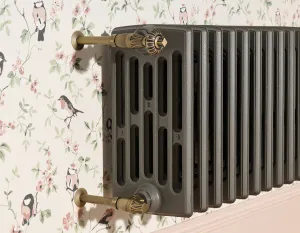 Grace 6 Column 485mm cast iron radiator in Quartz Grey with Natural Brass Chatsworth valves, on bird and blossom wallpaper above a pink skirting.