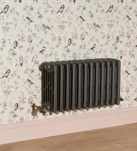 Wall-hung Grace 6 Column cast iron radiator in Quartz Grey with a Natural Brass Chatsworth valve, against bird-print wallpaper above a pink skirting.
