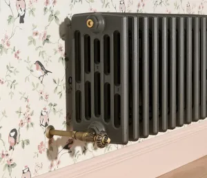 Wall-hung Grace 6 column cast iron radiator in Quartz Grey with a Natural Brass Chatsworth valve, against bird-print wallpaper and pink skirting.