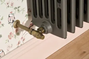Close-up of a Grace 6 column cast iron radiator in Quartz Grey with a Chatsworth valve in Natural Brass, against floral bird wallpaper.