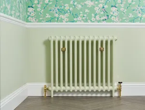 Plain Mercury 2 column cast iron radiator in pale green on feet, with brass valves and wall stays, below floral wallpaper and a dado rail.