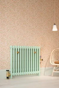 Plain Mercury 2 Column cast iron radiator in pale Pea Green on feet, with brass stays and valves, against pink floral wallpaper by a rattan chair.