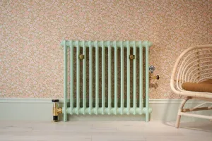 Plain Mercury cast iron radiator in pale green on feet, with brass valves and wall stays, against floral wallpaper beside a rattan chair.