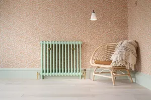 Plain Mercury 2 Column cast iron radiator in pale Pea Green on feet, brass valves, against pink floral wallpaper beside a rattan chair.