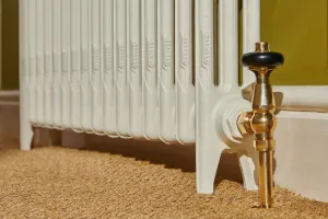 Close-up of a Mercury cast iron radiator on feet in Farrow & Ball Lime White No. 1 with a polished brass Windsor angled valve on a sisal floor.