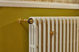Close view of a Mercury 3 Column cast iron radiator in Farrow & Ball Lime White with a polished brass angled valve, on an olive green wall.