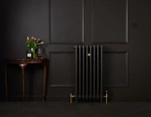 Plain Mercury 4 Column 960mm cast iron radiator in a dark finish with brass valves, beside a half-moon table against panelled black walls.
