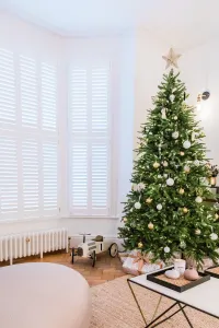 A low white Mercury 6 Column cast iron radiator on feet beneath shuttered bay windows, with a Christmas tree and toy car on parquet.