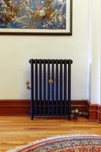 Plain Mercury 3 Column cast iron radiator in Matt Black on feet, with brass valves, below an abstract painting by wooden skirting and a rug.