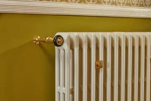 Mercury 3 Column cast iron radiator in Farrow & Ball Lime White No. 1 with a polished brass Windsor valve, against an olive green wall below a dado rail.