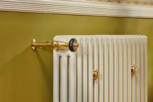 Cast iron radiator in Farrow and Ball paint with unlacquered brass TRV valves