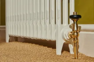 Close view of a plain Mercury cast iron radiator on feet in Farrow & Ball Lime White No. 1, with a brass Windsor angled valve, on sisal carpet.